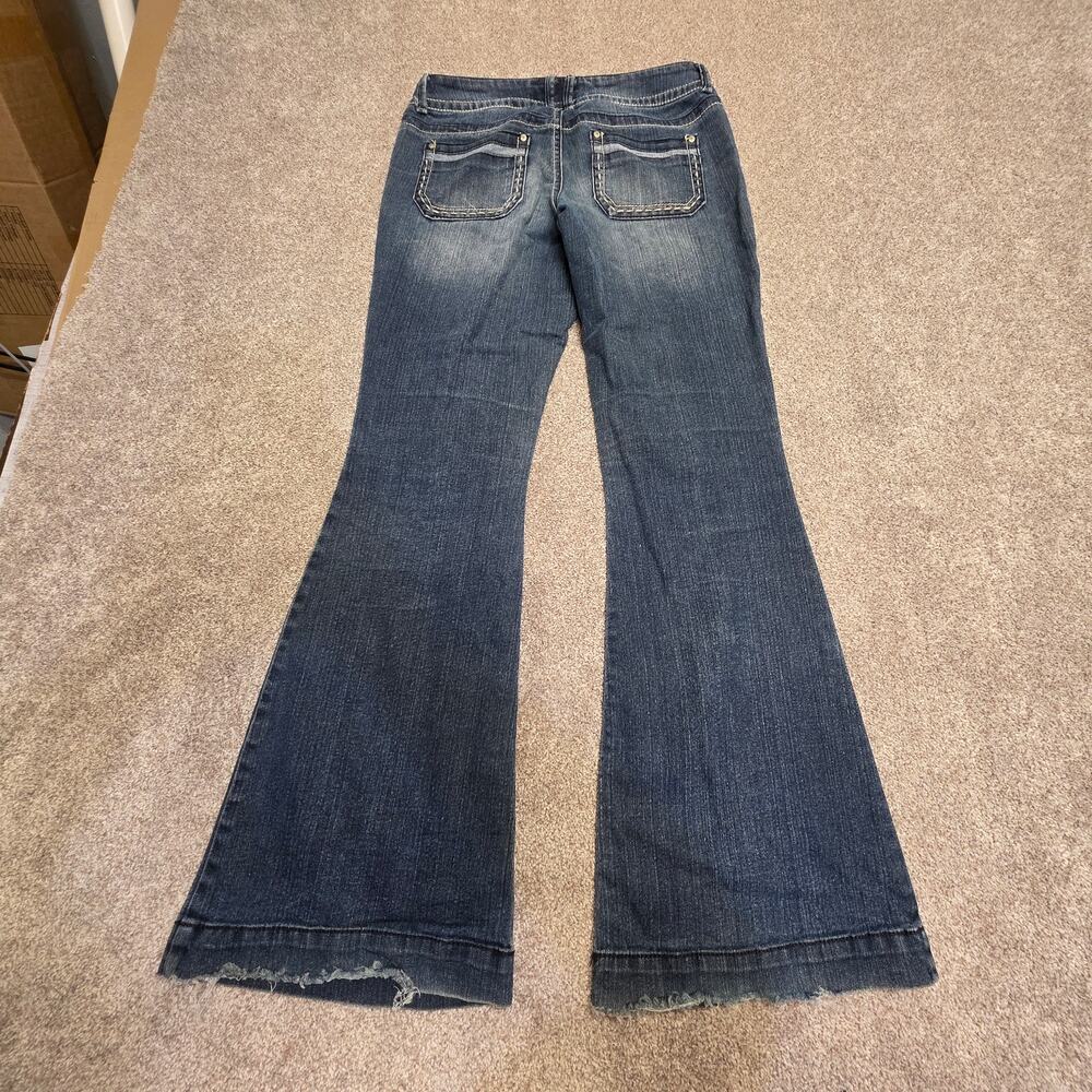Y2K 00s Indie Boho whiskering LEI Ashley Ultra Low Rise Flare Jean 9 Medium Wash